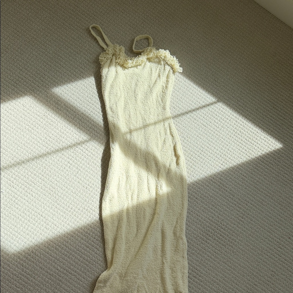 Rare London Cream Textured Maxi Slip Dress with Fringed Bust